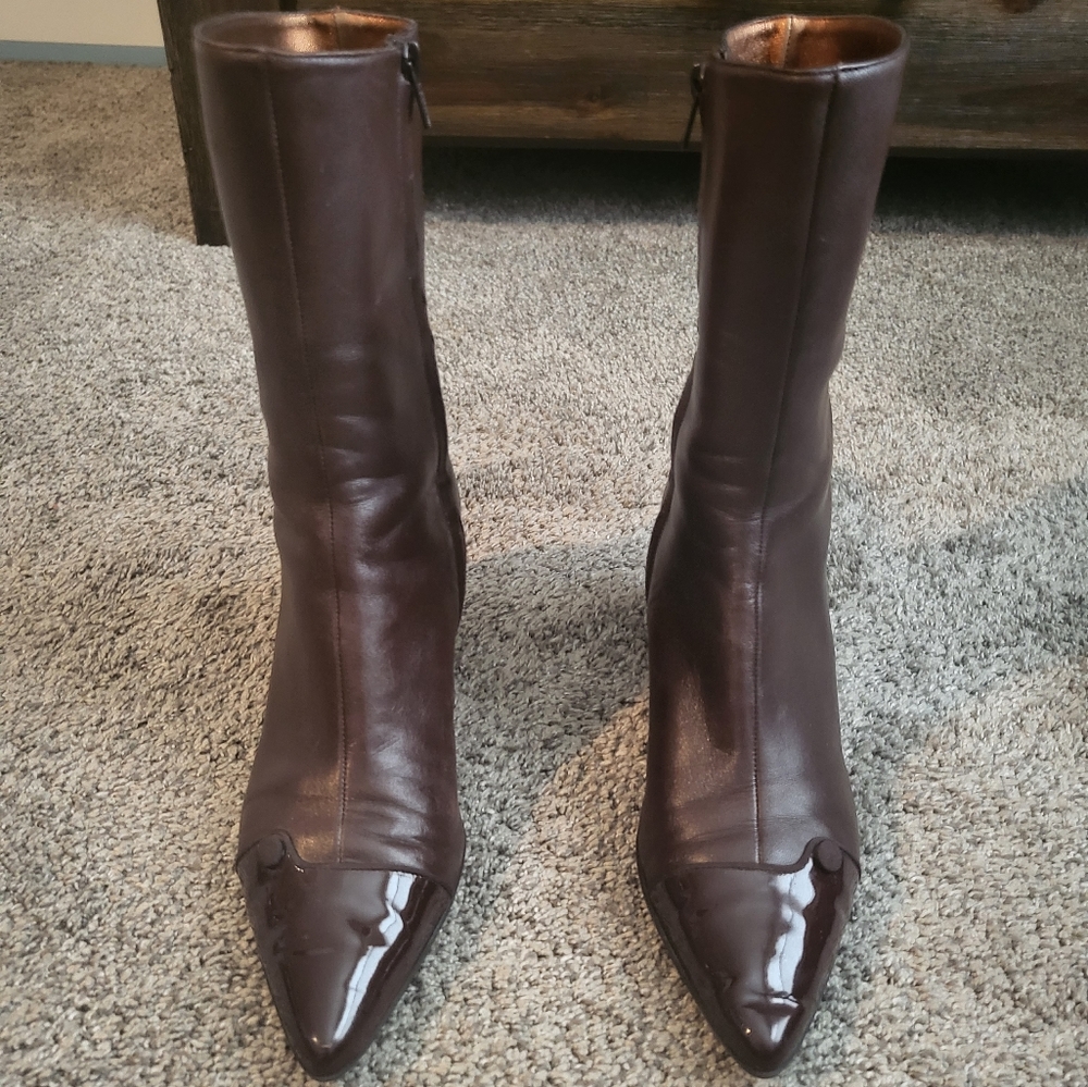 Salvatore Ferragamo Brown Leather Pointed Toe Heeled Boots